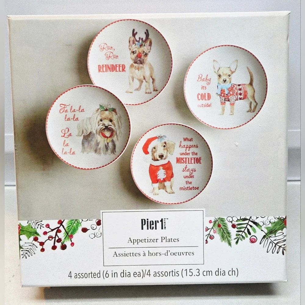 Christmas Reindeer Mistletoe Appetizer Plate Set of 4 Pier 1 Imports Boxed New